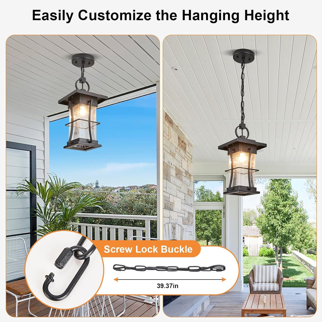 Outdoor Pendant Light, 14" H Large Hanging Lantern with Seeded Glass