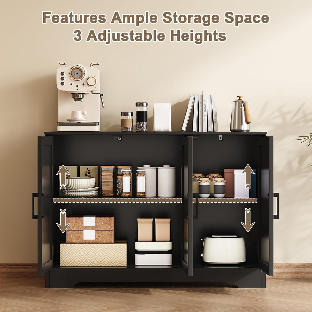 Modern Sideboard Buffet Cabinet with Adjustable Shelves | Coffee Bar Storage Cabinet, 3 Doors, Black