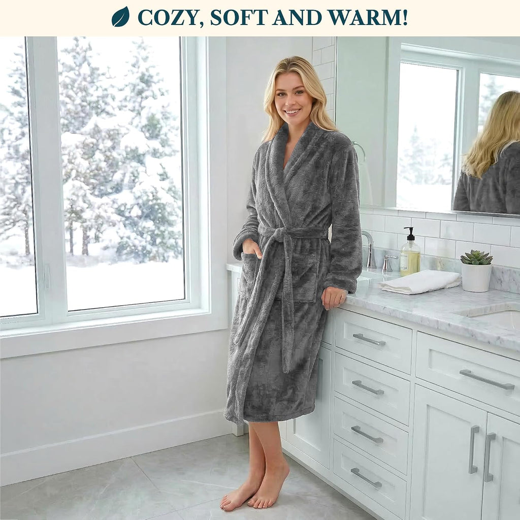 Premium Womens Plush Soft Robe Fluffy, Warm, Fleece Sherpa Shaggy Bathrobe