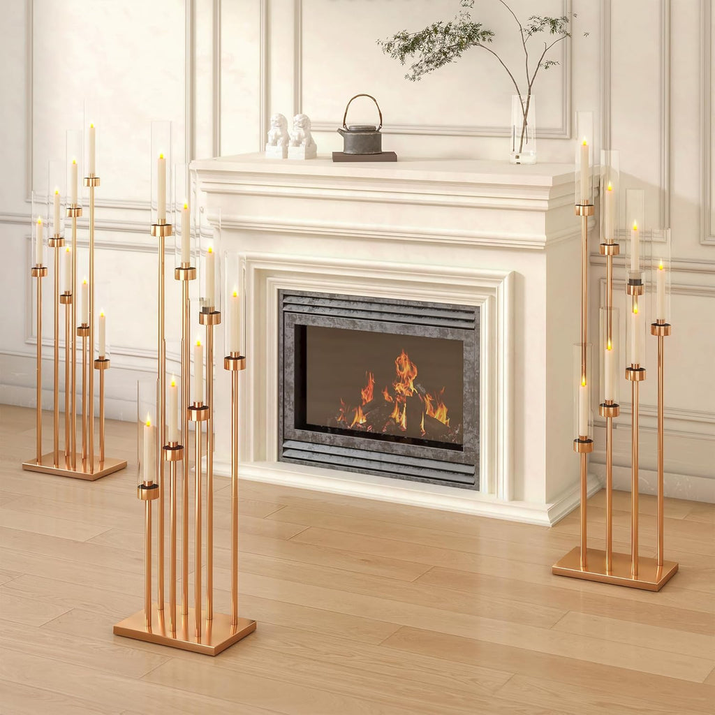 4 Pcs 46.5" Floor Candelabra 7 Arms - Gold Metal Candle Holder Stand with Acrylic Lampshades, Long Candle Sticks