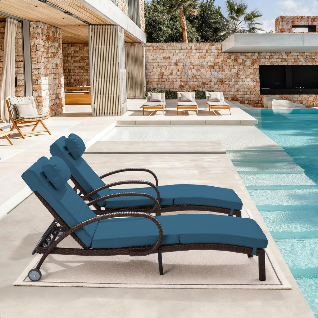 Pool Outdoor Lounge Chairs Set of 2,Outdoor Chaise Lounge w/ 5 Adjustable Back,Wicker Patio Pool Lounge Chair with