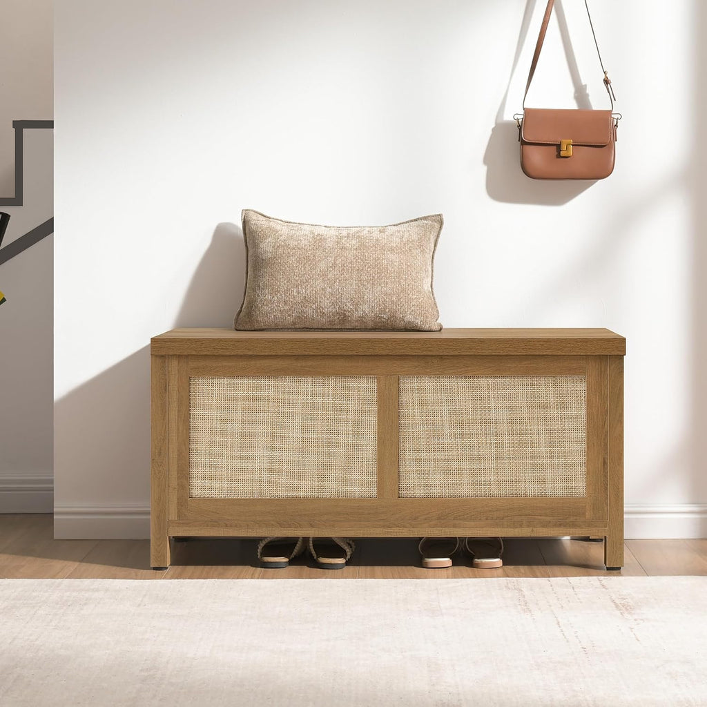 Rattan Storage Chest 39.4" Storage Bench | Boho Storage Truck with 2 Safety Hinges and Flip Top Entryway, Supports