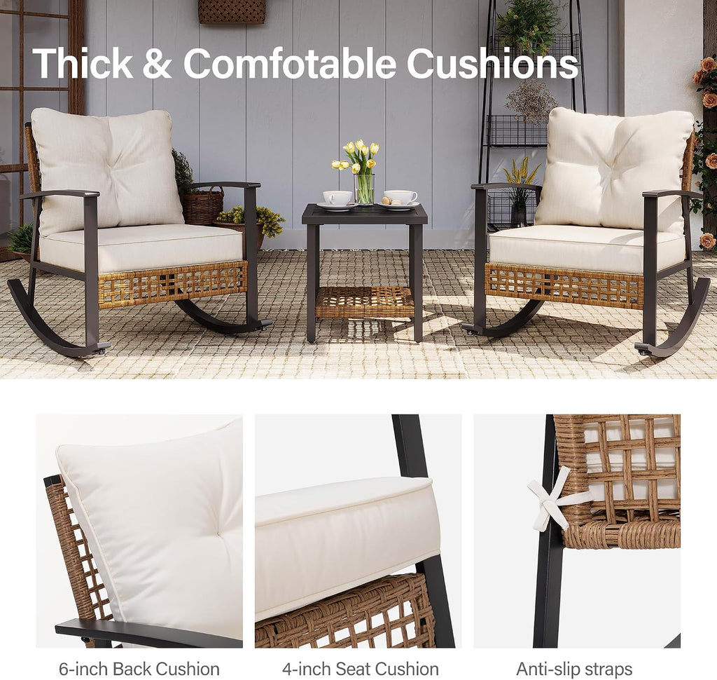 Outdoor Wicker Rocking Chair, Oversized Patio Chair Comfy Rocker Chair with Thick Cushion, Modern Cozy Lounge Chair