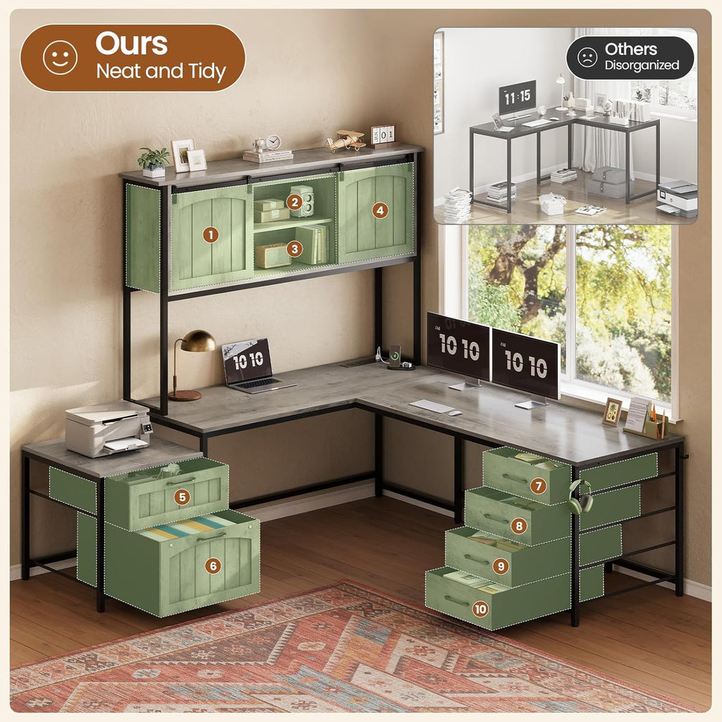 Farmhouse L Shaped Office Desk with 6 Drawer, Reversible Computer Desk with Power Outlet, Hutch/Two Person