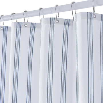 Blue and White Striped Shower Curtain with 12 Metal Hooks, Crinkled Lightweight Textured Fabric Modern Farmhouse