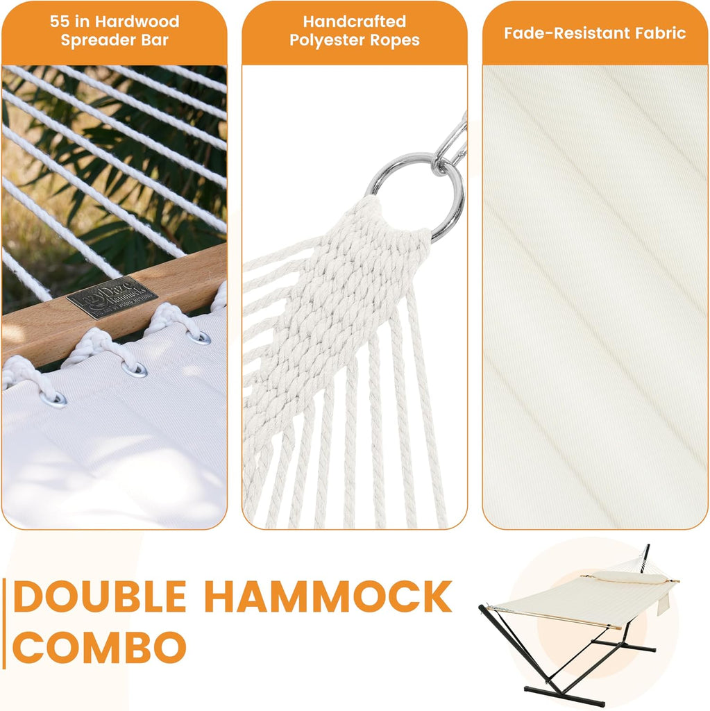 2 Person Hammock with 12FT Stand for Outside, Quilted Double Hammock with Detachable Pillow, Balance Strap & Carrying
