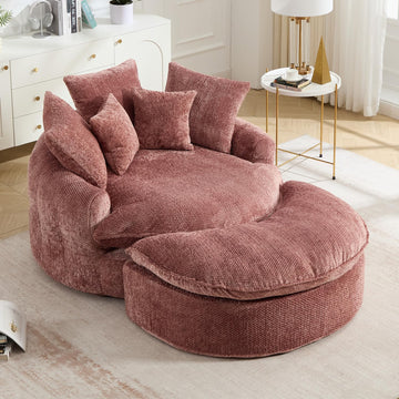 54" Round Chaise with Ottoman, Chenille Sofa Bed, Pink