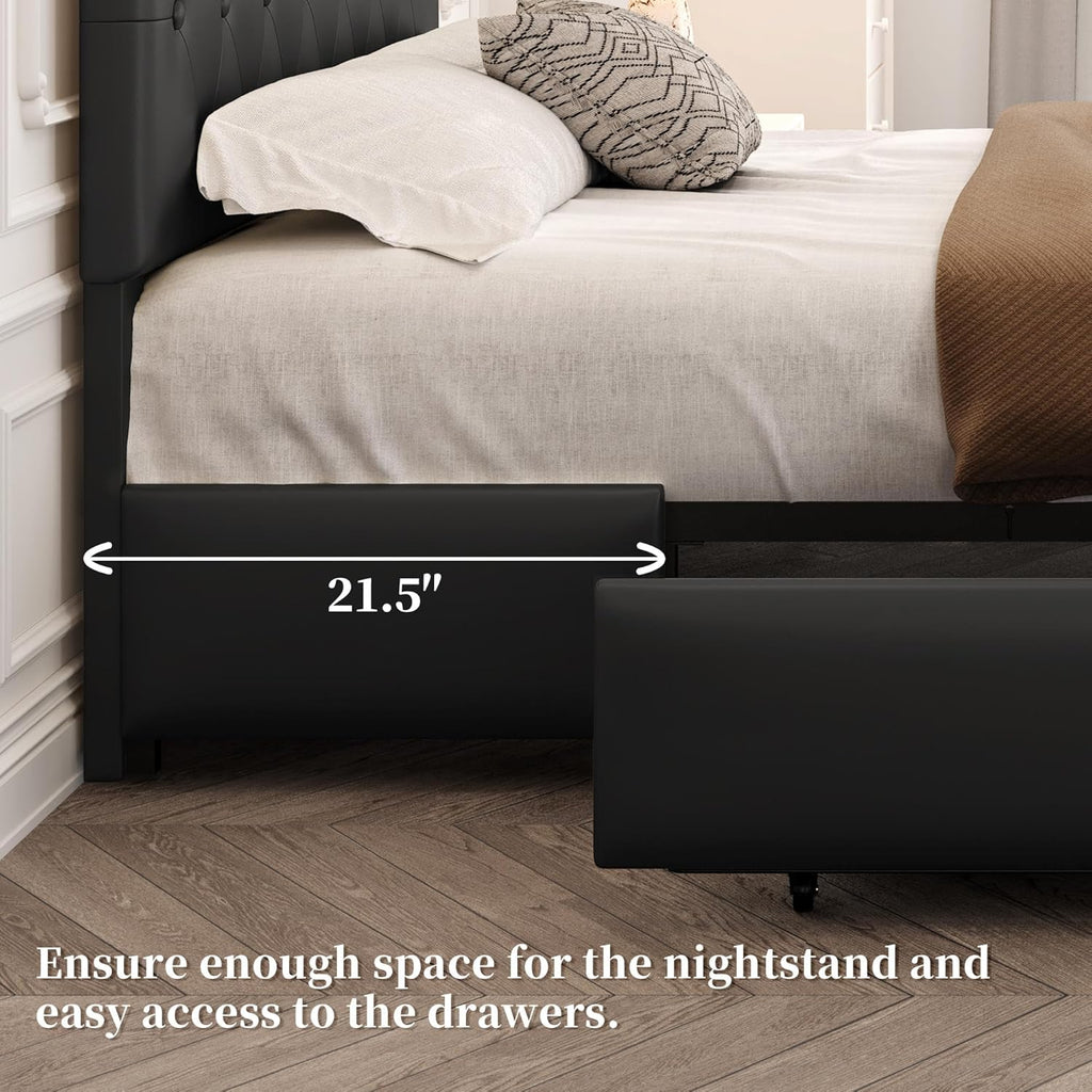 Queen Bed Frame Upholstered Bed Frame with Adjustable Diamond Button-Tufted Headboard/3 Drawers Storage