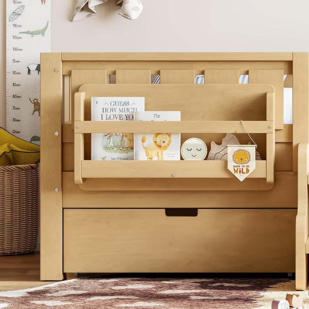 Twin Floor Bed with Stairs, Rails and Slats, Twin Size Montessori Floor Bed with Bookshelf and 2 Storage Drawers