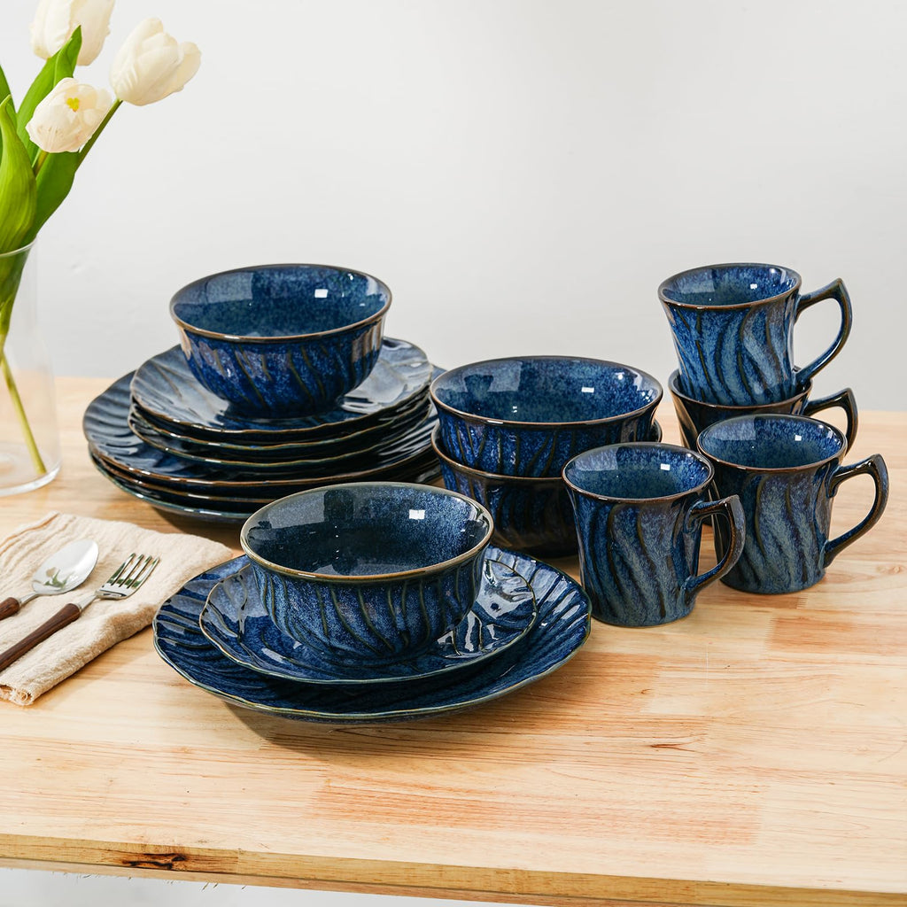 Ceramic Dinnerware Sets for 4, 16 pcs Plates and Bowls Sets, Reactive Glaze Ceramic Dish Set, Scratch Resistant
