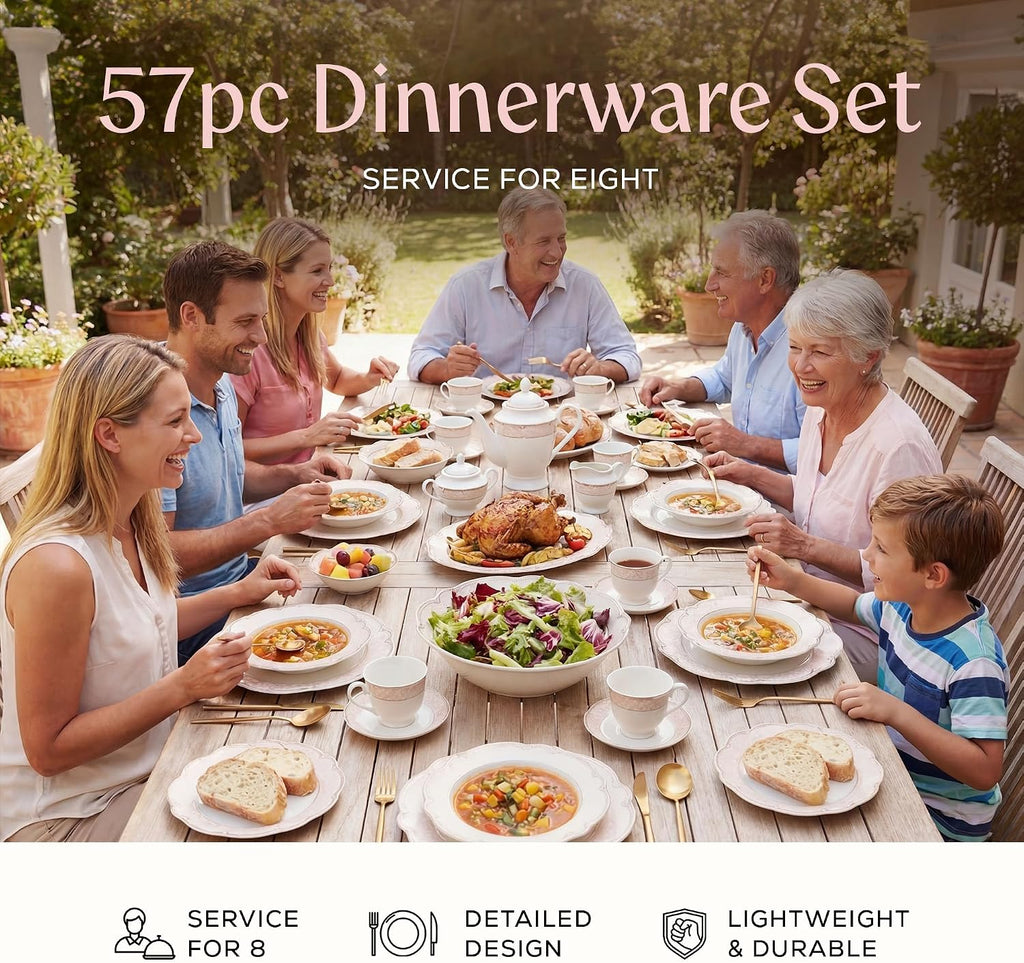 Sandra" 57-Piece Bone China Dinnerware Set, Service for 8, Blush Pink and Gold