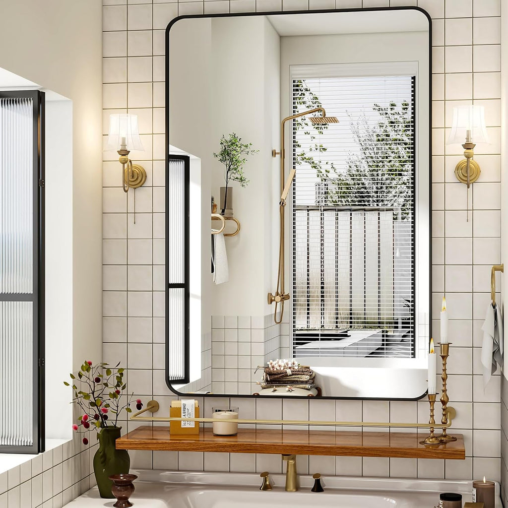 30 x 48 Inch Bathroom Mirror, Rounded Rectangular Vanity Mirror for Wall, Modern Mirror for Room Decor, Black Framed