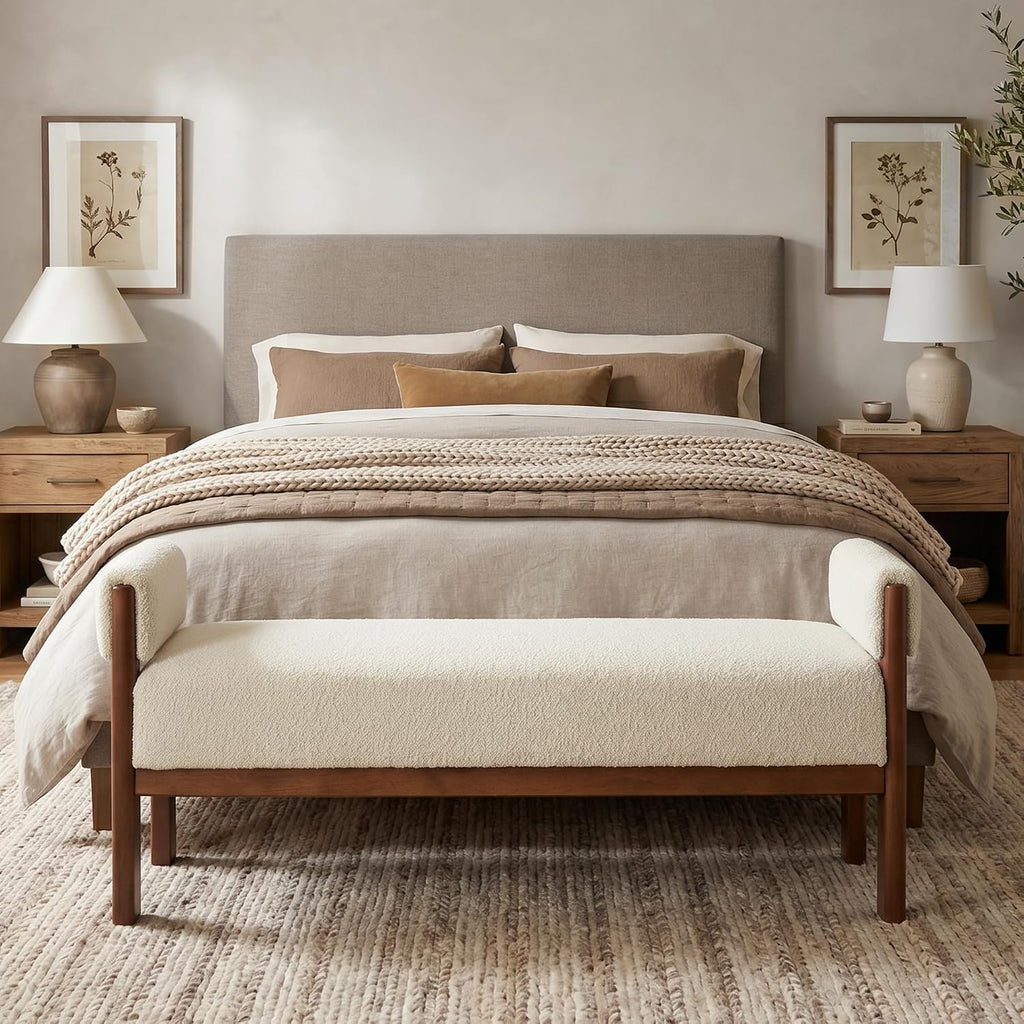 51.8"End of Bed Bench Upholstered Bedroom Bench with Arms, Beige | Solid Rubberwood Legs, Soft Fabric, Thickened seat