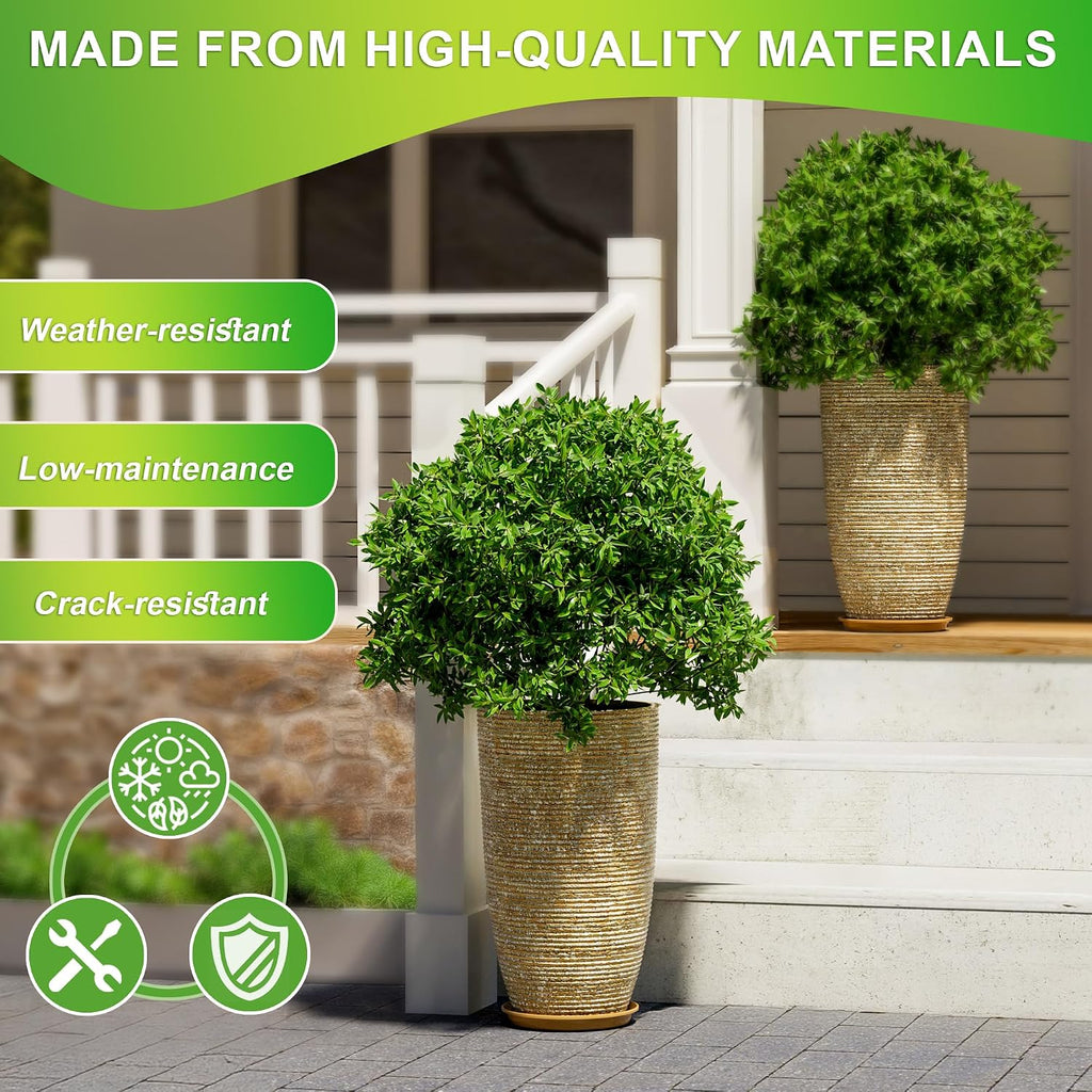 Set of 2 9 Gallon Tall Large planters for Outdoor/Indoor Plants of 12" Dia x 21" H Round Flower Pots Set Faux Stone