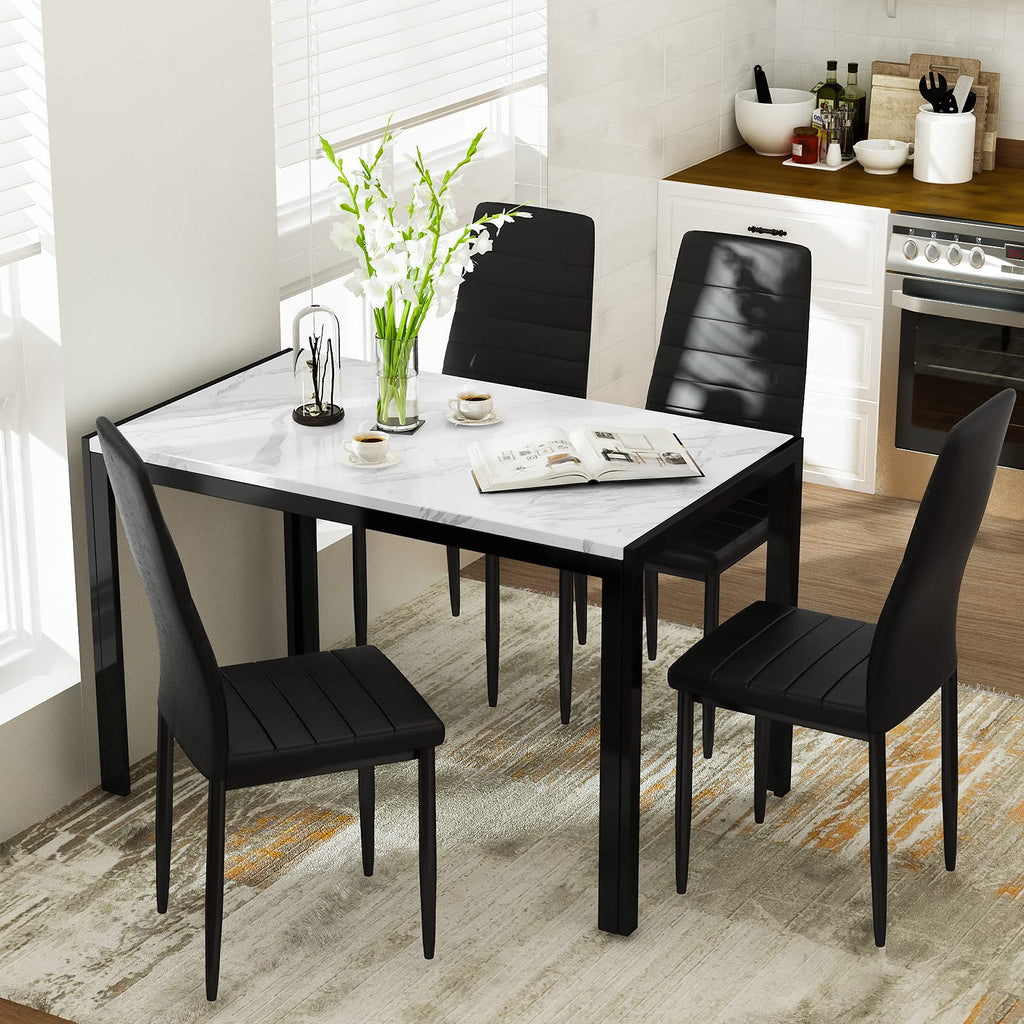 Faux Marble Dining Table Set for 4, Rectangular Faux Marble Table and 4 PU Leather Chairs, 5 Pieces Kitchen Table