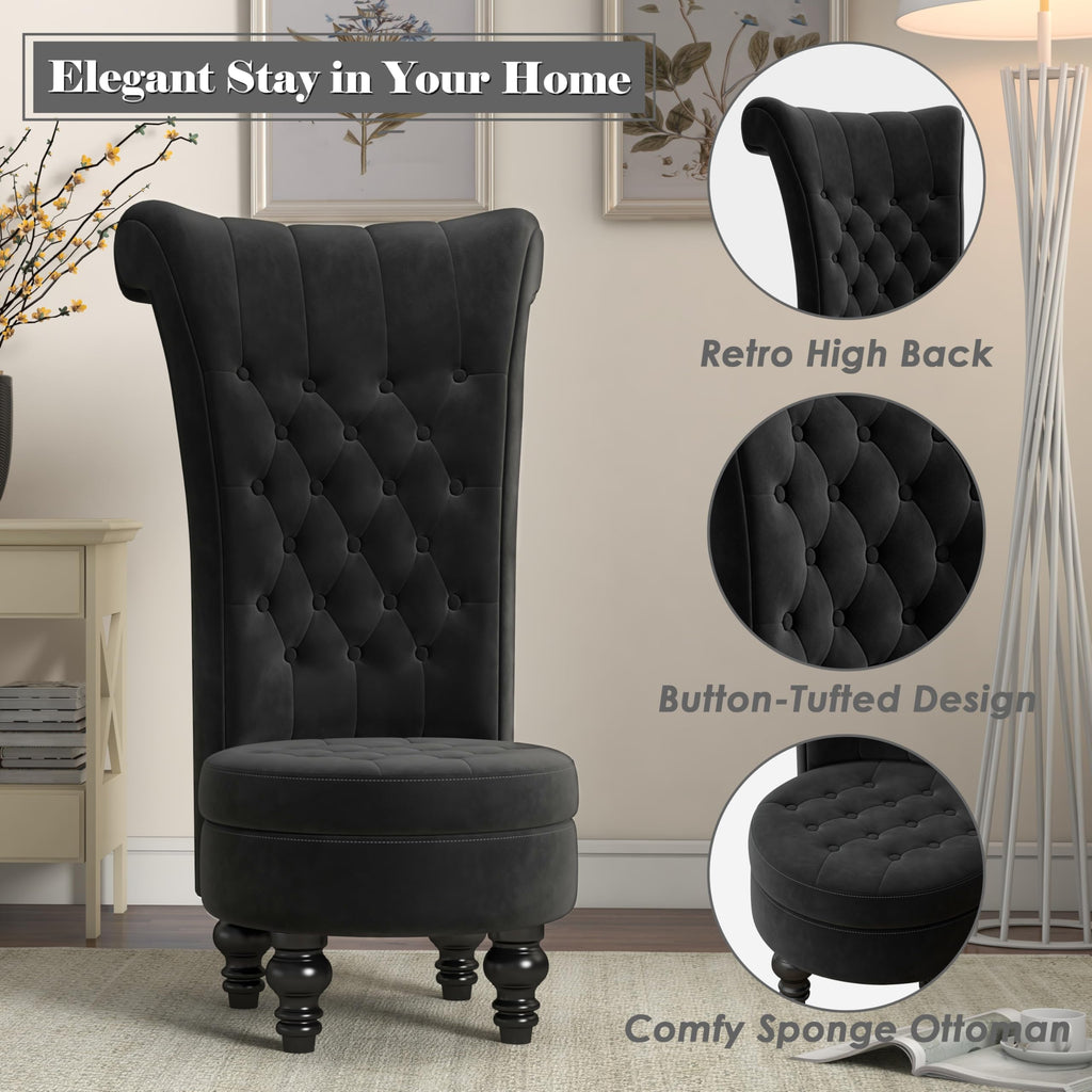 MU High Back Throne Royal Velvet Accent Armless Chair with Storage, Black