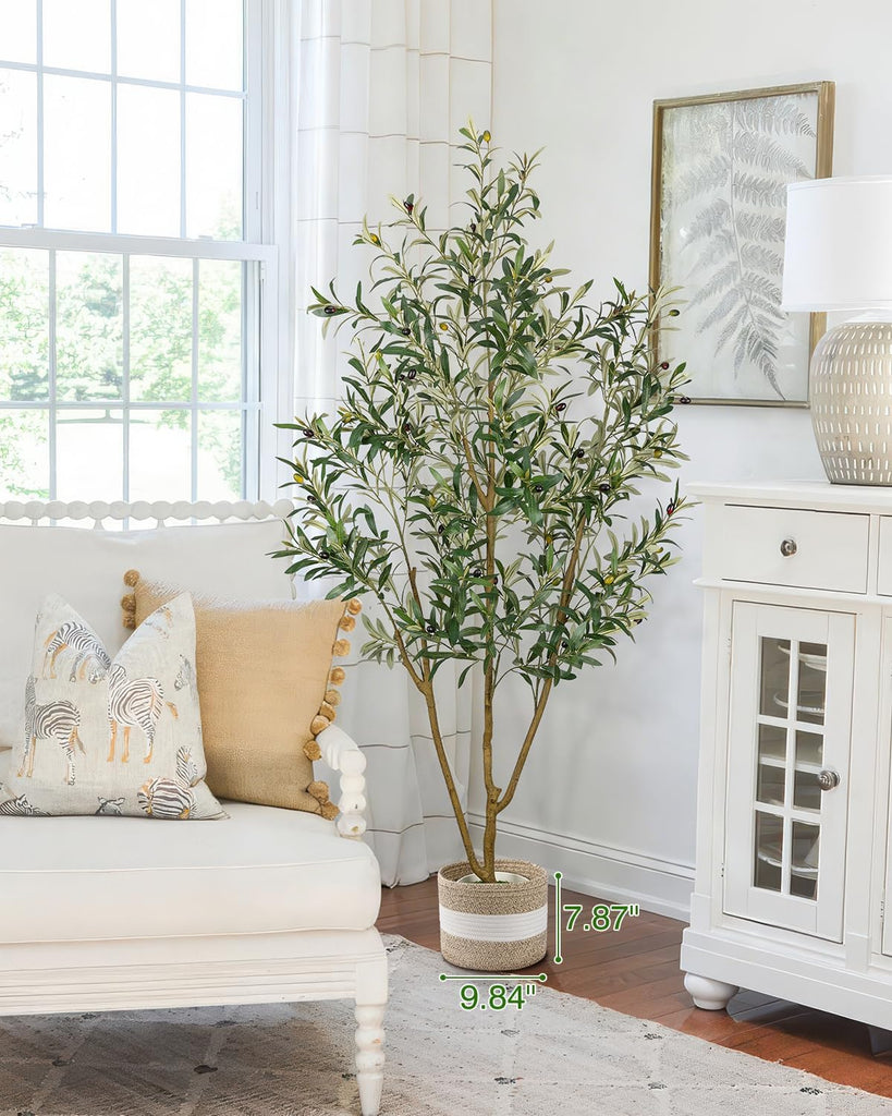 Artificial Olive Tree 6FT - Tall Faux Olive Trees Indoor with Planter&Cotton Basket, Large Fake Olive Plants