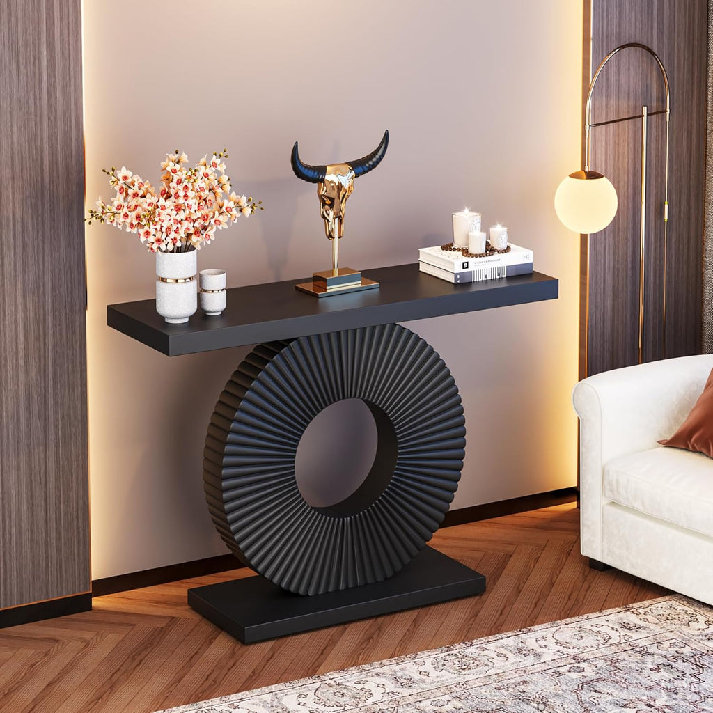 Modern Console Table with Geometric Base, 40 inch Wood Entryway Table Sofa Table Narrow Long, Contemporary Accent