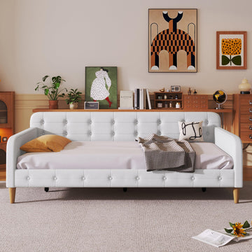 Modern Twin Upholstered Daybed 2ith Button Tufted Back & Curved Arms, Beige