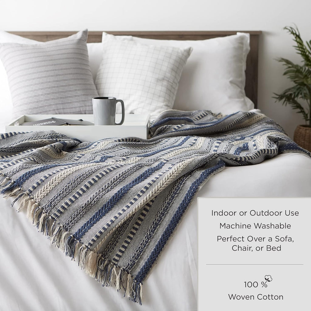 Modern Farmhouse Cotton Herringbone Blanket Throw with Fringe for Chair, Couch, Picnic, Camping, Beach, & Everyday