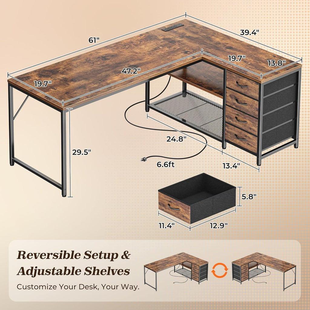 61" L Shaped Desk with Power Outlets & 4 Drawers