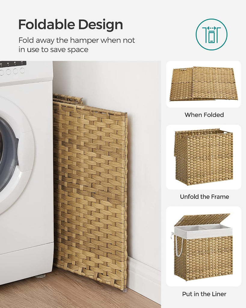 Laundry Hamper with Lid, 130L Wicker Laundry Basket | 6 Mesh Bags, 2 Removable Liner Bags, 13 x 26 x 23.6 Inches