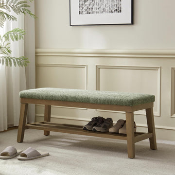 Entryway Bench, Storage Shoe Bench with Rubberwood Legs, Green | Shoe Rack Bench with Cushion, Soft Chenille Fabric
