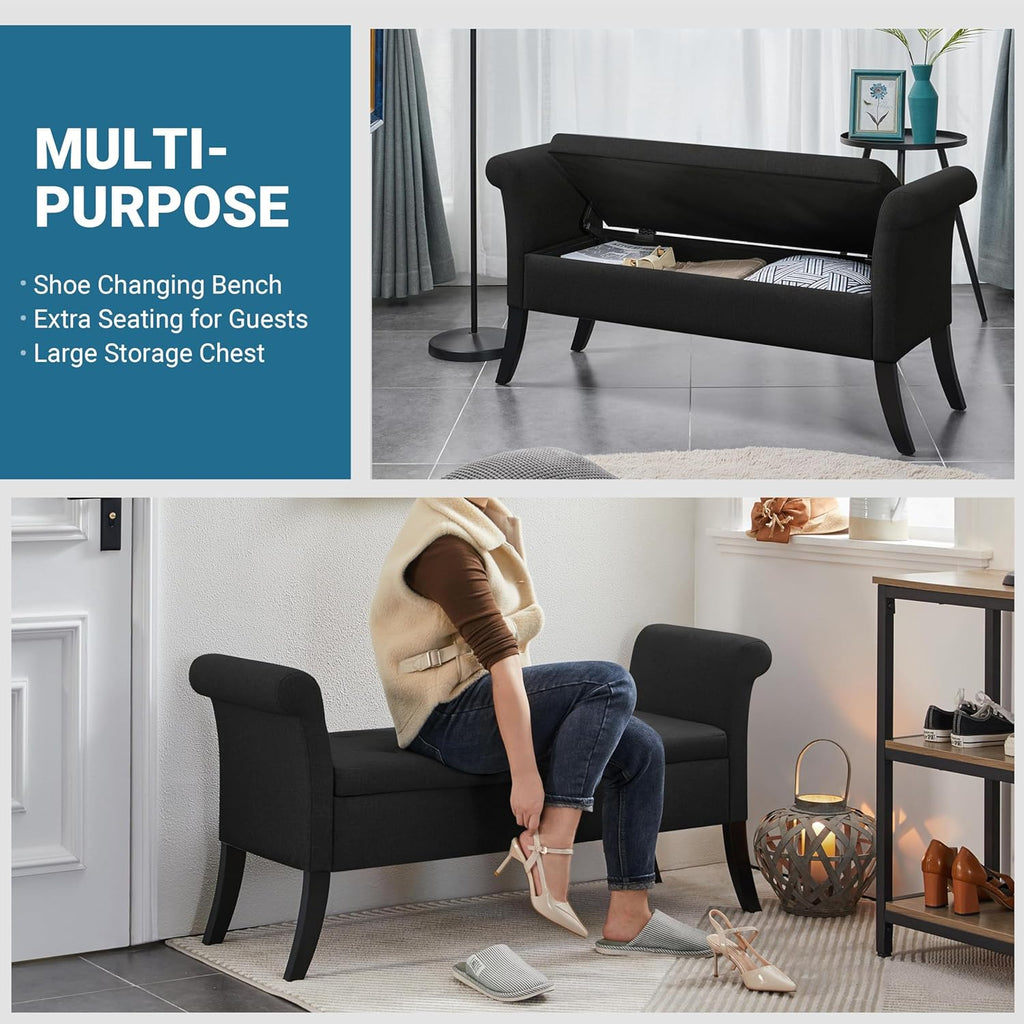 52in Black Storage Bench End of Bed with Rolled Arms | Button-Tufted Bench Seat with 1.9C Storage Space, Rolled Arms