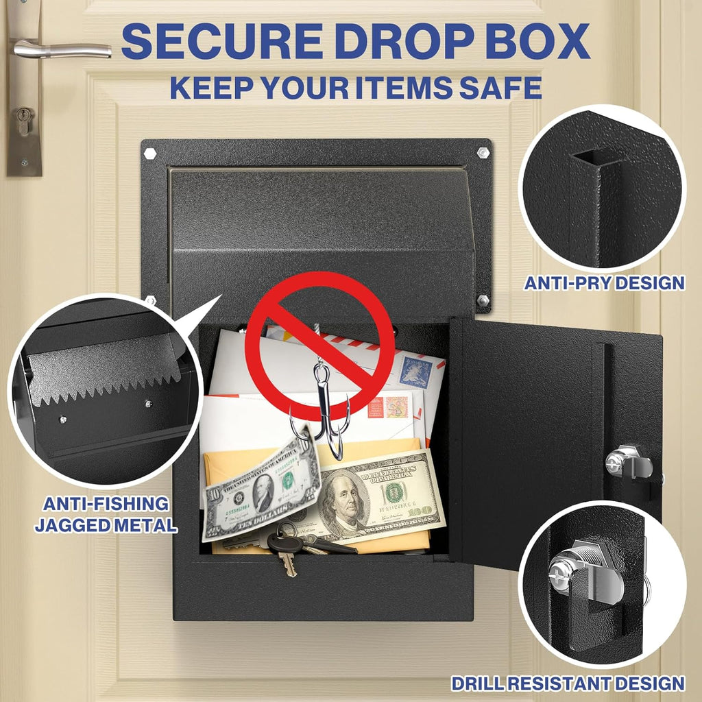 Door Drop Box for Mail, Rent, Deposit, and Night Key - Through The Door Locking Steel Mailbox with Rear Access (Black)