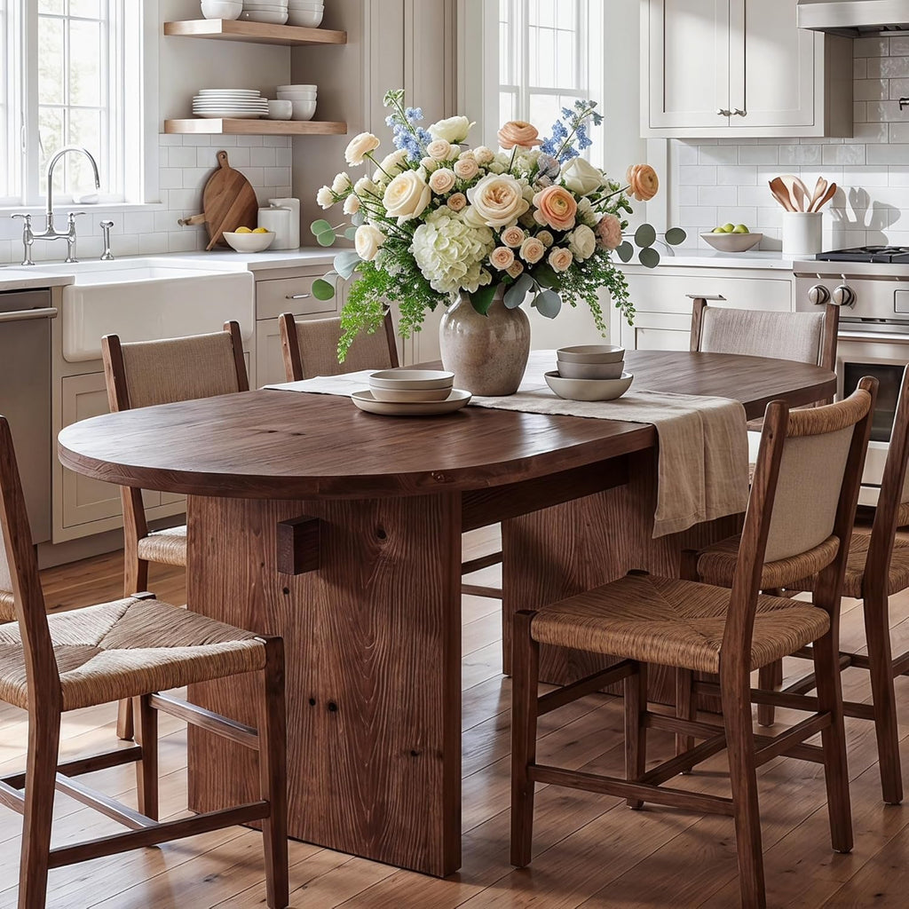 63-Inch Oval Dining Table, Farmhouse Solid Wood Kitchen Table for 4-6, Large Dinner Furniture with Double Pedestal