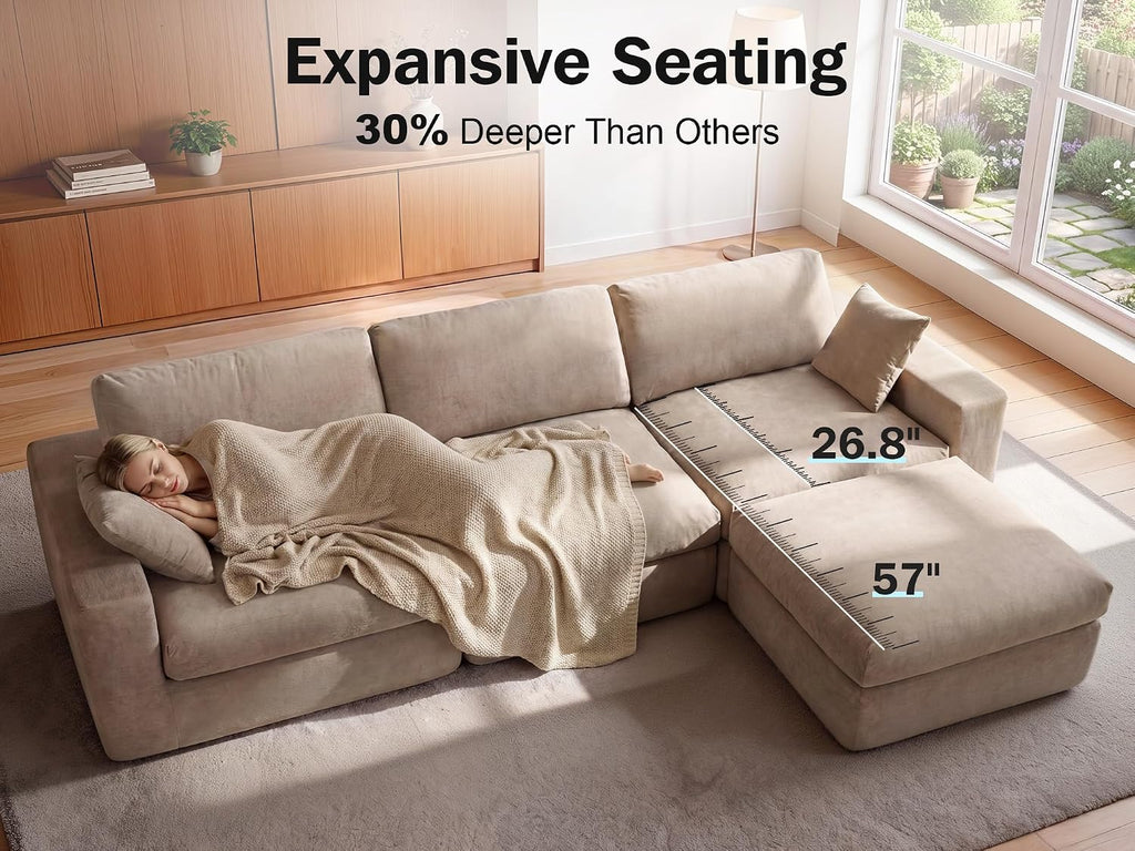 122" Oversized Modular Sectional Sofa, Boneless Couch , Modern Comfy L Shaped Cloud Couch Sectional with Movable