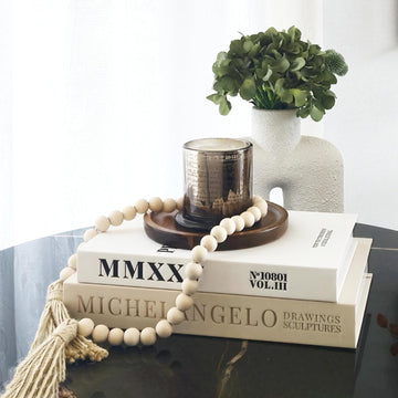 4-in-1 Decorative Books Set, Coffee Table Books Decor, 2 Linen Fake Book Boxes with Wood Tray, Bead Garland for