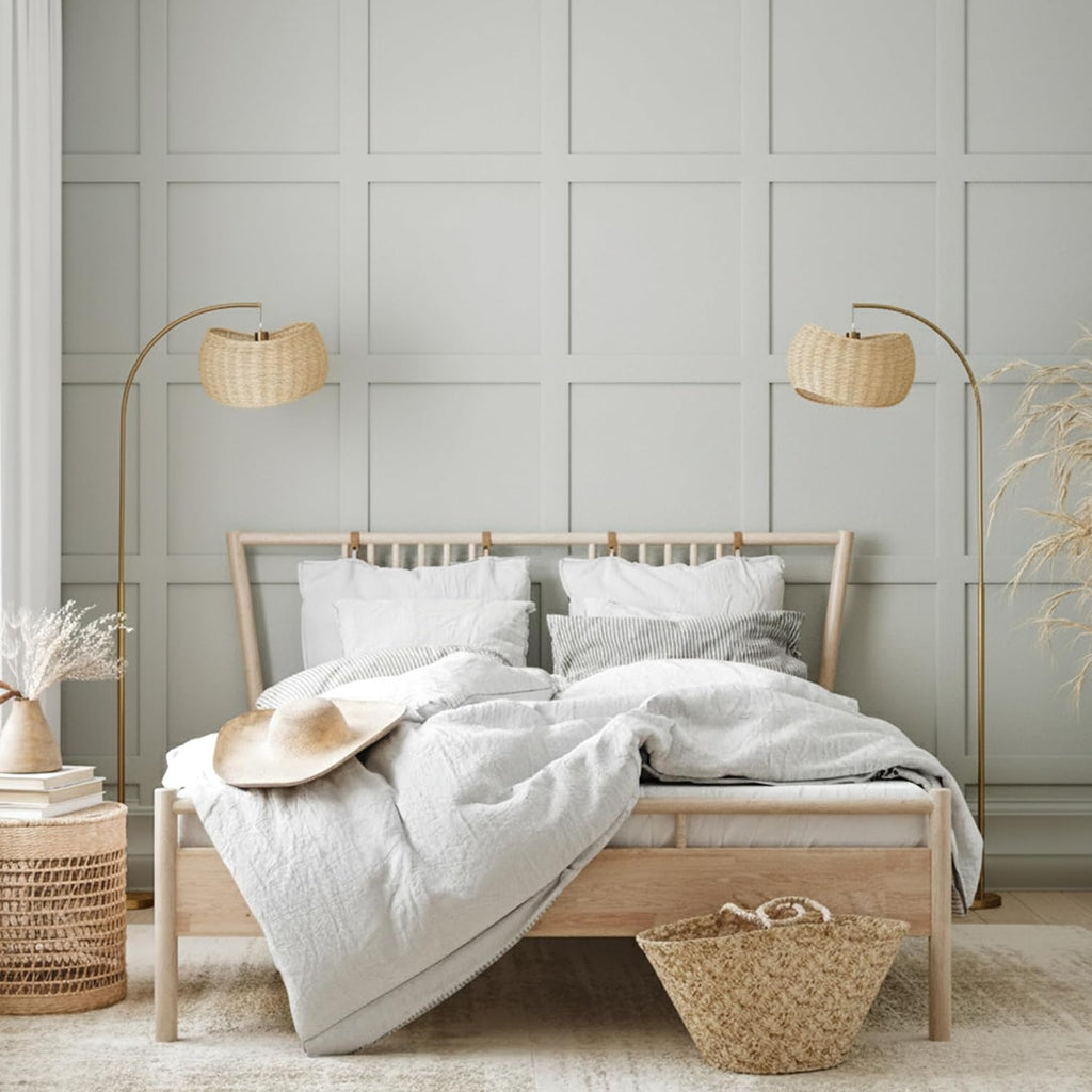 Wave Arc Floor Lamp - Chic Standing Lamp with Unique Hanging Wicker Pendant Shade, Boho Rattan Natural Decor Lamp