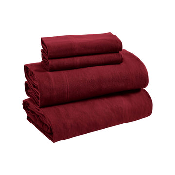 Extra Soft All Season 100% Brushed Cotton Flannel Solid Bedding Sheet Set with Deep Pockets Fitted Sheet - Burgundy