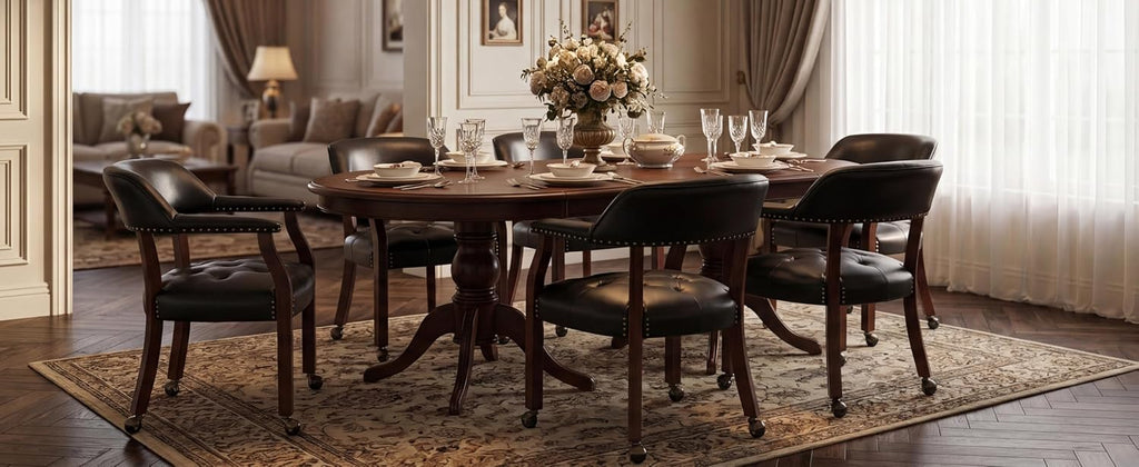Set of 6 Large Dining Chairs with Casters and Arms, Rolling Dining Chairs with Wheels, Accent Game Poker Table