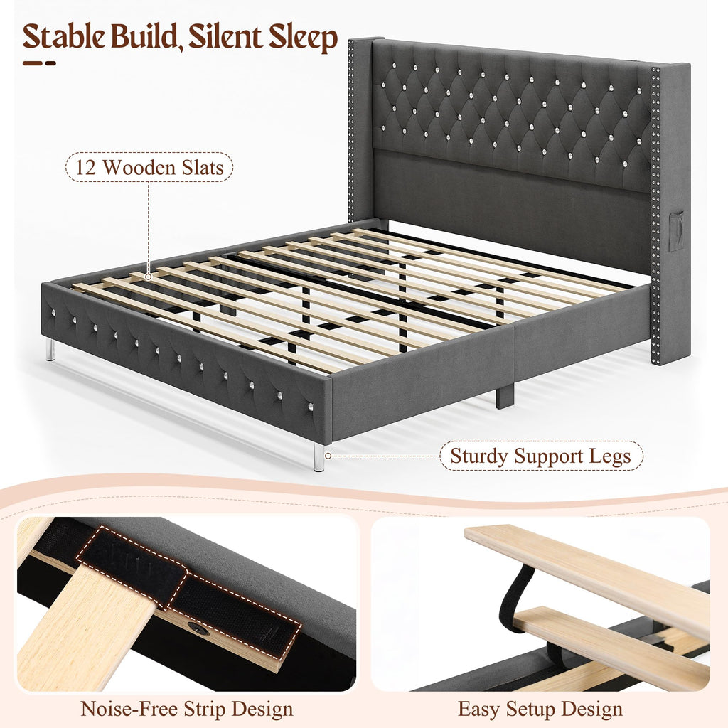 Queen LED Upholstered Bed Frame with Wingback Headboard, Velvet Diamond Button Tufted Bed Frame w/USB&Type-C Ports