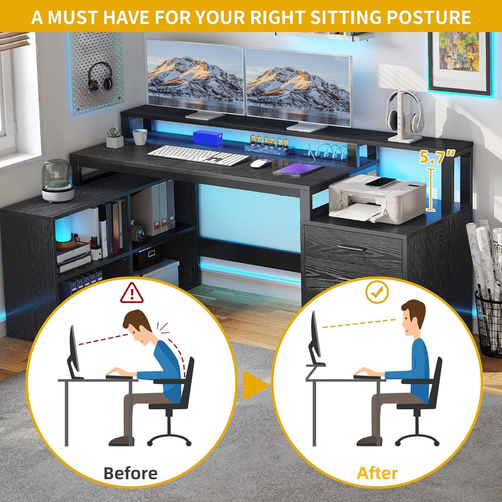 L Shaped Desk with Drawers, 65" Computer Desk with Power Outlets & LED Lights