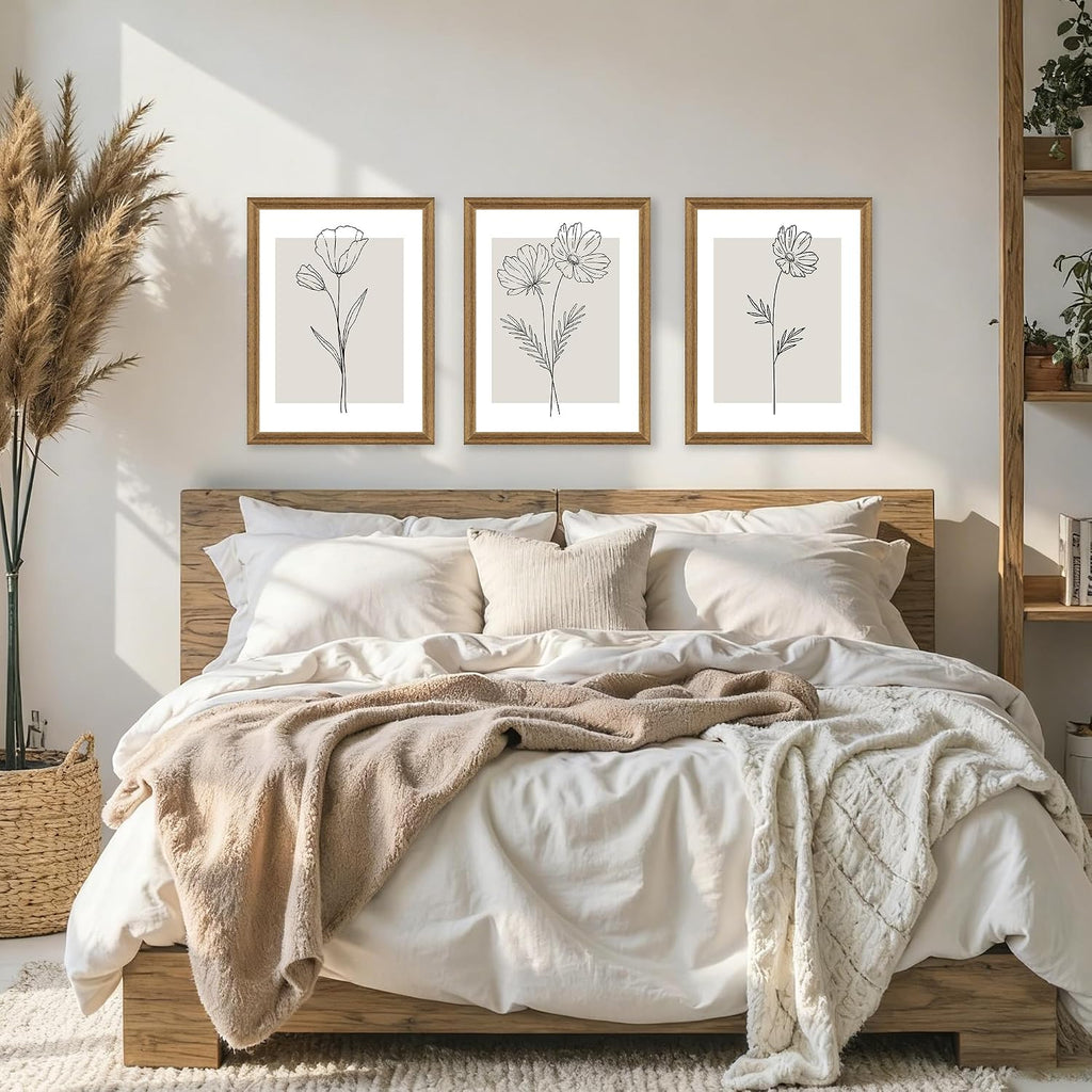 Neutral Botanical Floral Wall Art, Black and White Farmhouse Flowers Wall Decor, Modern Minimalist Line Art Canvas