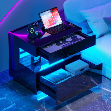 High‐Gloss Smart LED Nightstand | Motion‐Sensor 3‐Color Lighting, Hidden Storage Compartment, Gun Drawers, USB