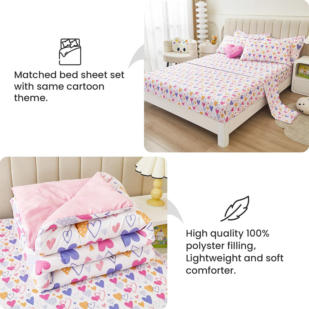 Comforter Sets for Girls Kids, 8 Pieces Bed in a Bag Pink Heart Bedding Comforter Sheet Set with Shams and