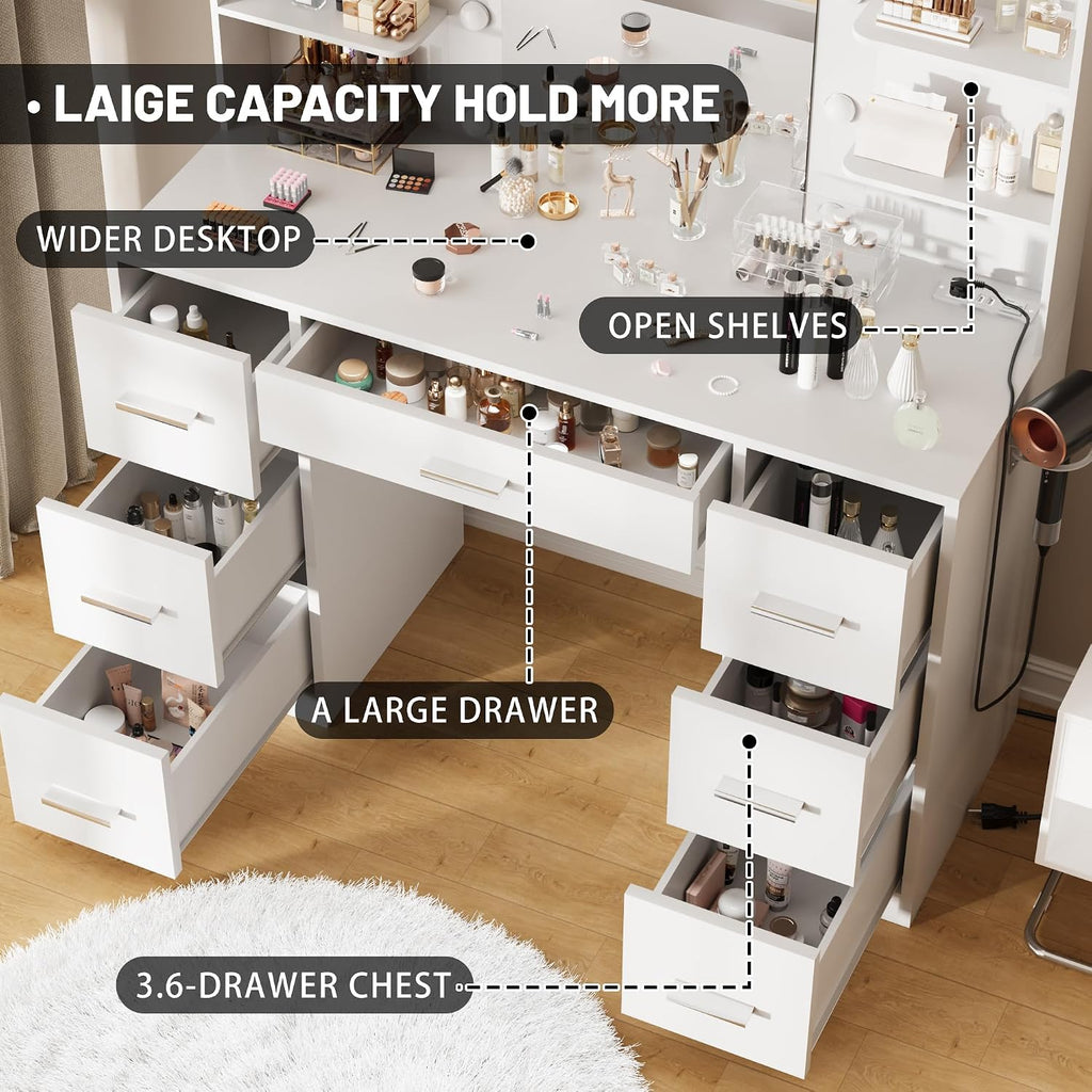 Vanity Desk with Mirror, LED Lights and Power Outlet Makeup Vanity Table with 7 Drawers and 6 Storage Shelves