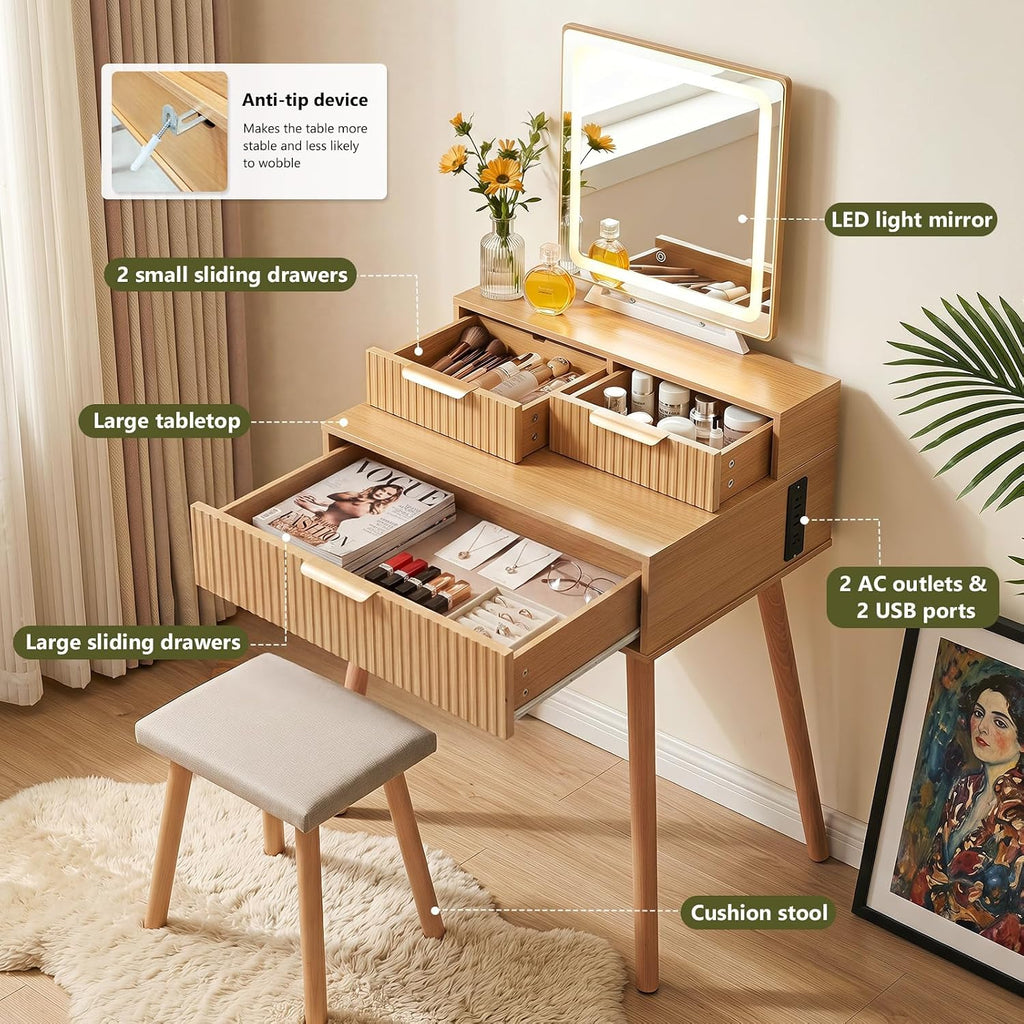 Small Vanity Desk with Lights Mirror, Compact Makeup Vanity Table with Stool, Fluted Wood Vanity with Power Outlet, 3