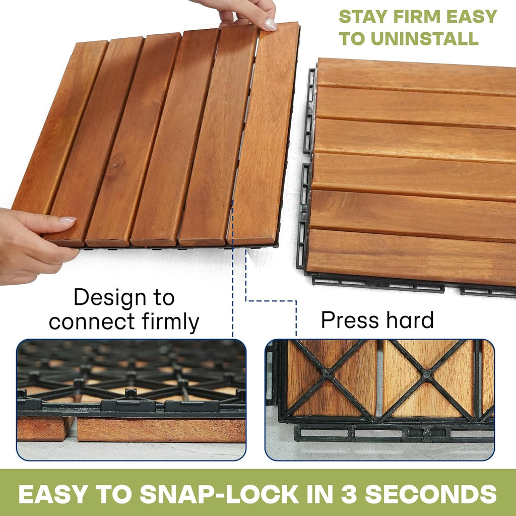 Interlocking Deck Tiles 12”x12”, Acacia Wood Patio Tiles, Waterproof Flooring Tiles for Indoor and Outdoor - Non-Slip