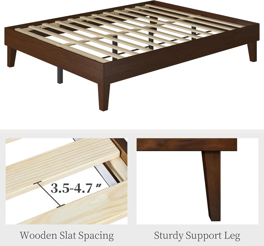 Queen Bed Frame Natural Solid Wood Platform Bed with Wooden Slats Support, 7.3-inch Underbed Space for Storage