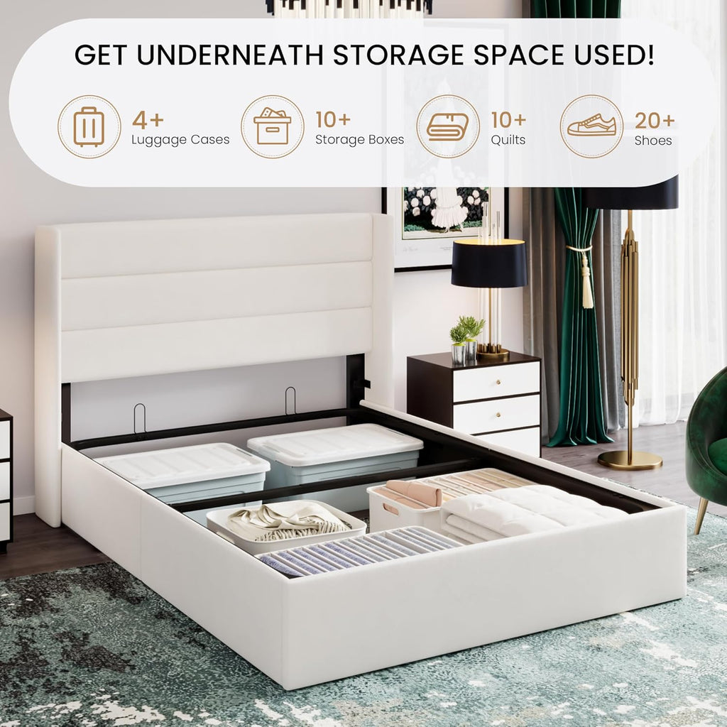 Queen Lift Up Storage Bed/Velvet Upholstered/Modern Wingback Headboard/Upholstered Platform Bed Frame/Hydraulic
