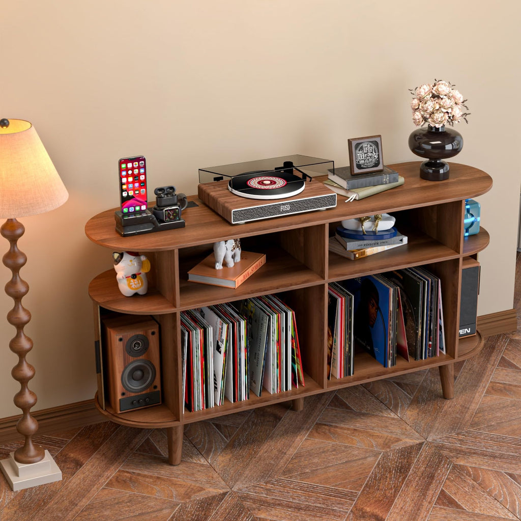 Large Round Record Player Stand with Charging Station & USB Ports