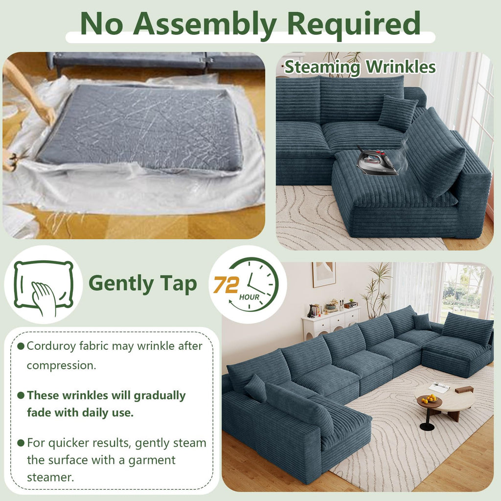 165" Cloud Couch Modular Sectional Sofa, U-Shape Boneless Couch with Deep Seat, Modern Corduroy 7-Seater, No