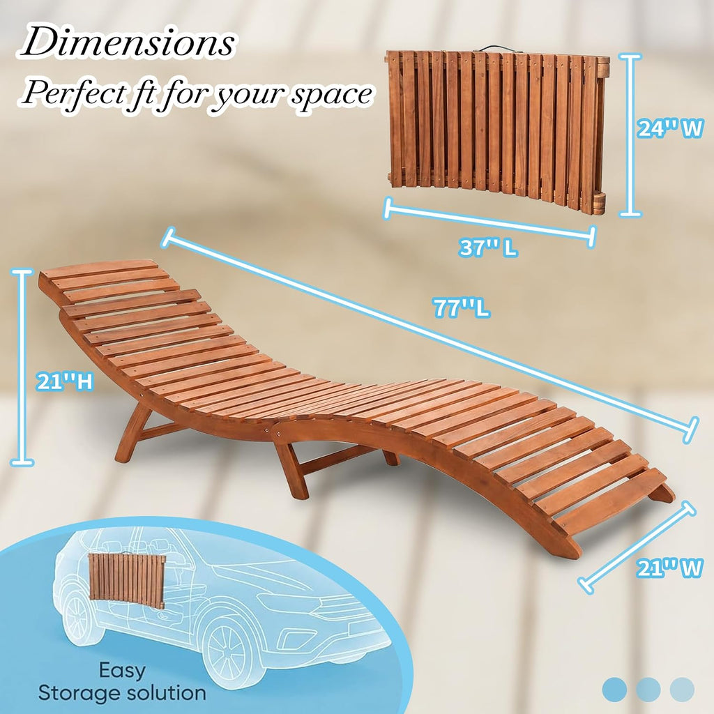 Folding Acacia Wood Outdoor Chaise Lounge-Waterproof Sun Lounger Lawn Backyard Patio