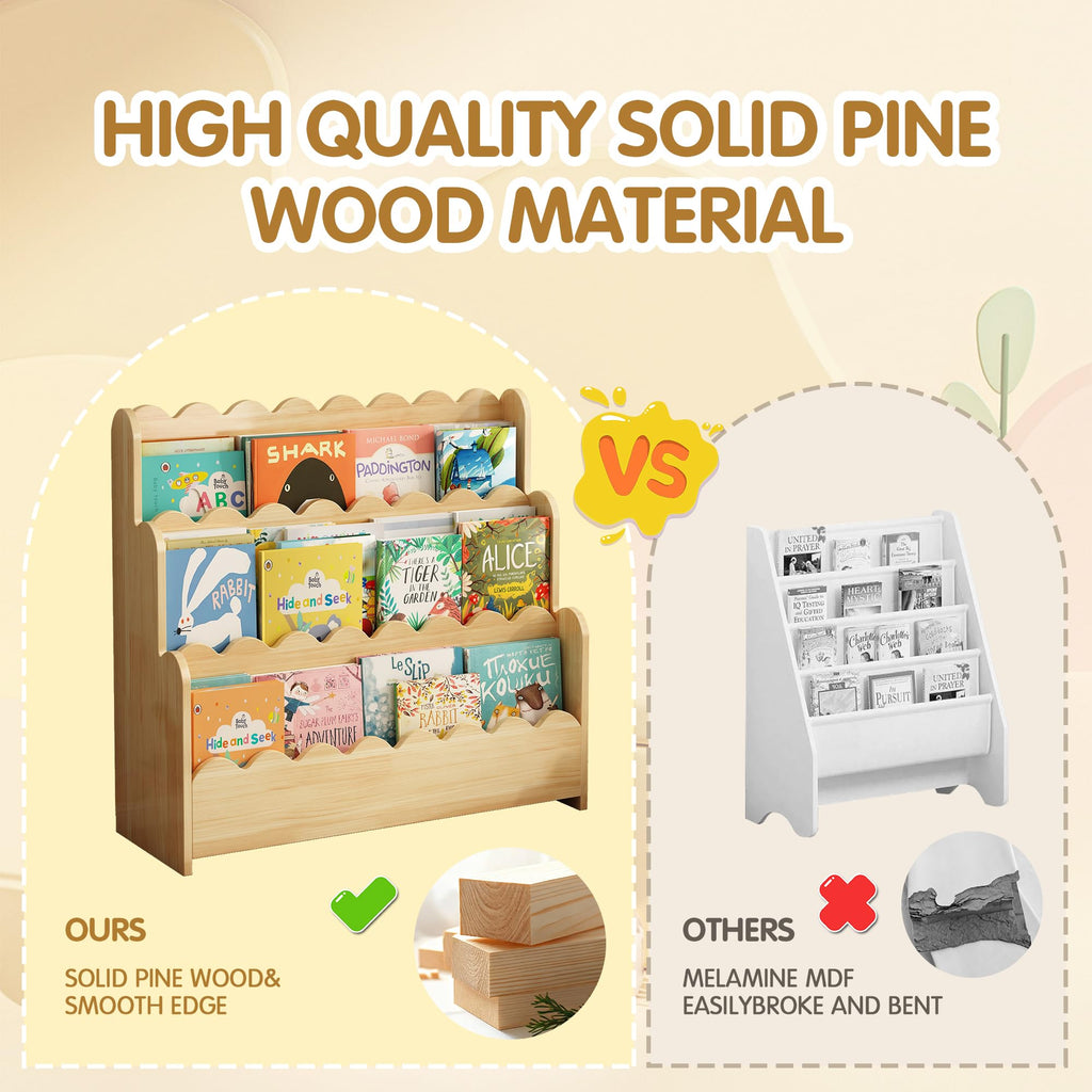 3-Tier Solid Pine Wood Scalloped Bookshelf, Natural
