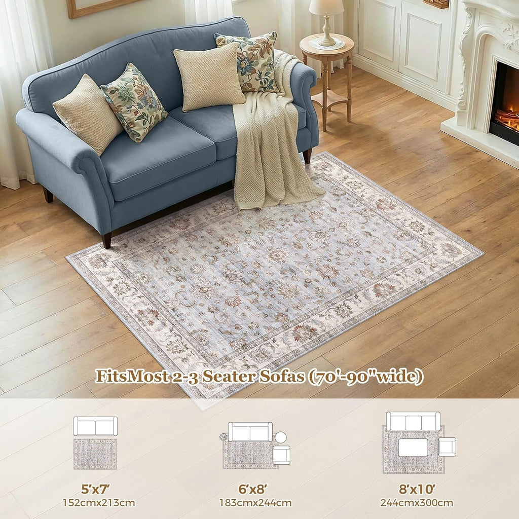 Washable Area Rug 10x14 Non-Slip Floral Carpet, Gray/Light Blue